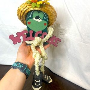 Vintage 1990s Wooden Frog Handmade Dangling Leg Frog Doll Figure Hand Painted